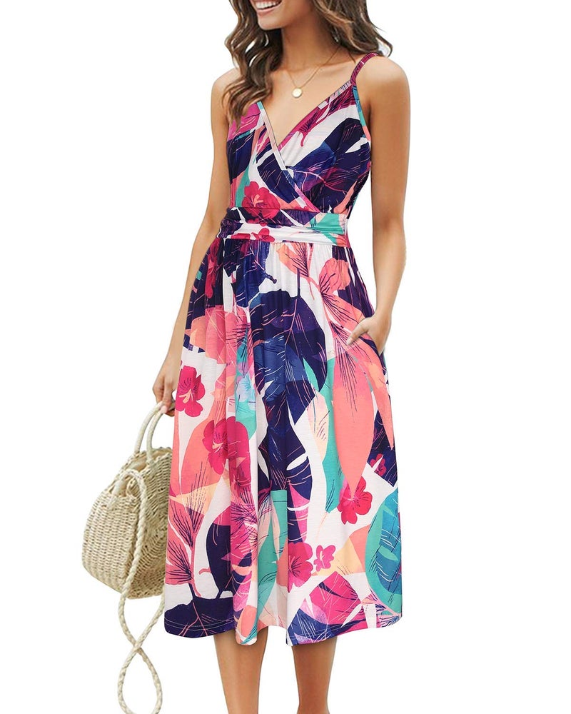 OUGES Women's Summer Spaghetti Strap V-Neck Floral Midi Casual Dress with Pockets(FloralJ-452,L) - Image 1